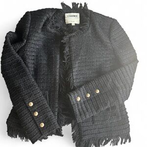 L'AGENCE Black Fringed Bouclé Jacket with Gold Buttons